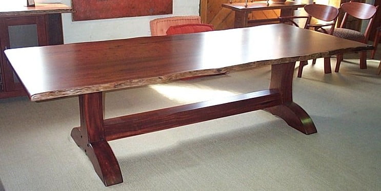 Jarrah, no iron scrolls, 2700L x 1200W x 740H, multi slab natural edge top