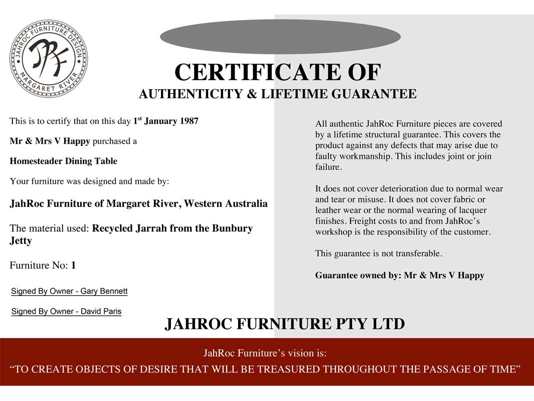 Jahroc Furniture Guarantee Certificate Website