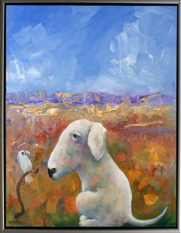 Helen-Norton-White-Dog-And-Cocky Framed Painting helen norton white dog and cocky framed painting