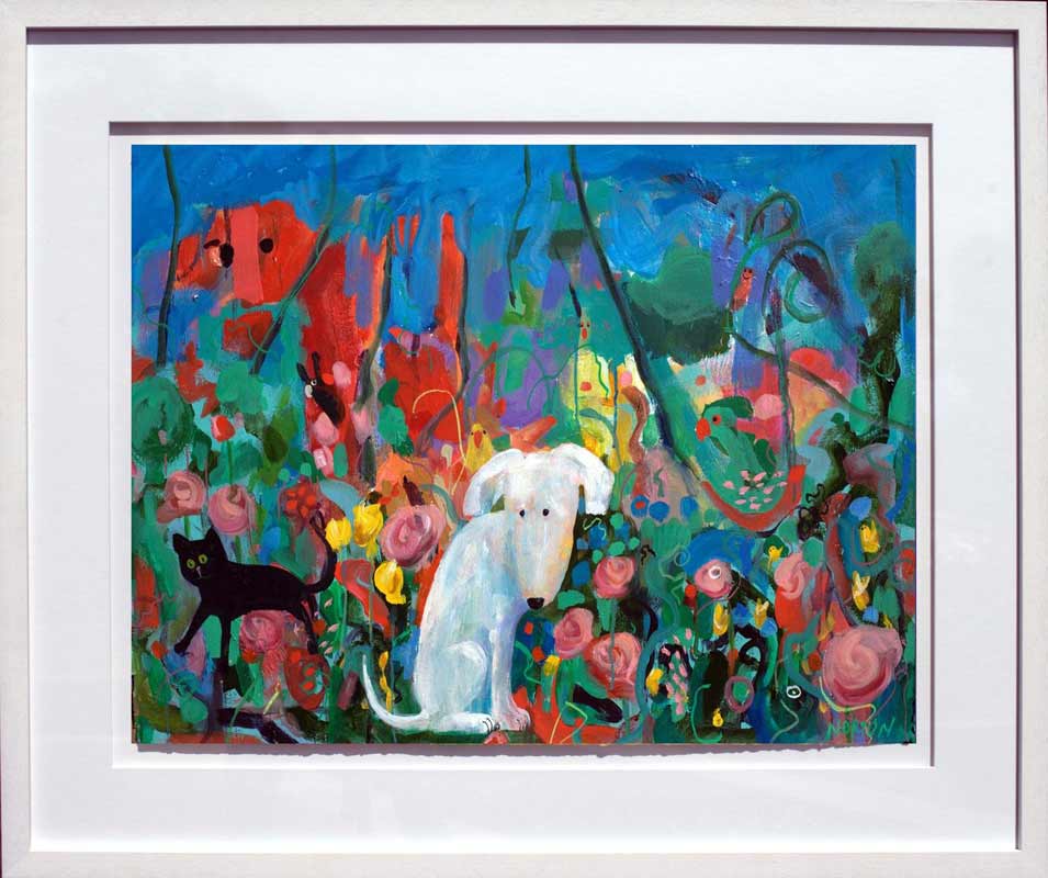Helen-Norton-White-Dog-Black-Cat-in-Garden-Framed-Painting helen norton white dog black cat in garden framed painting