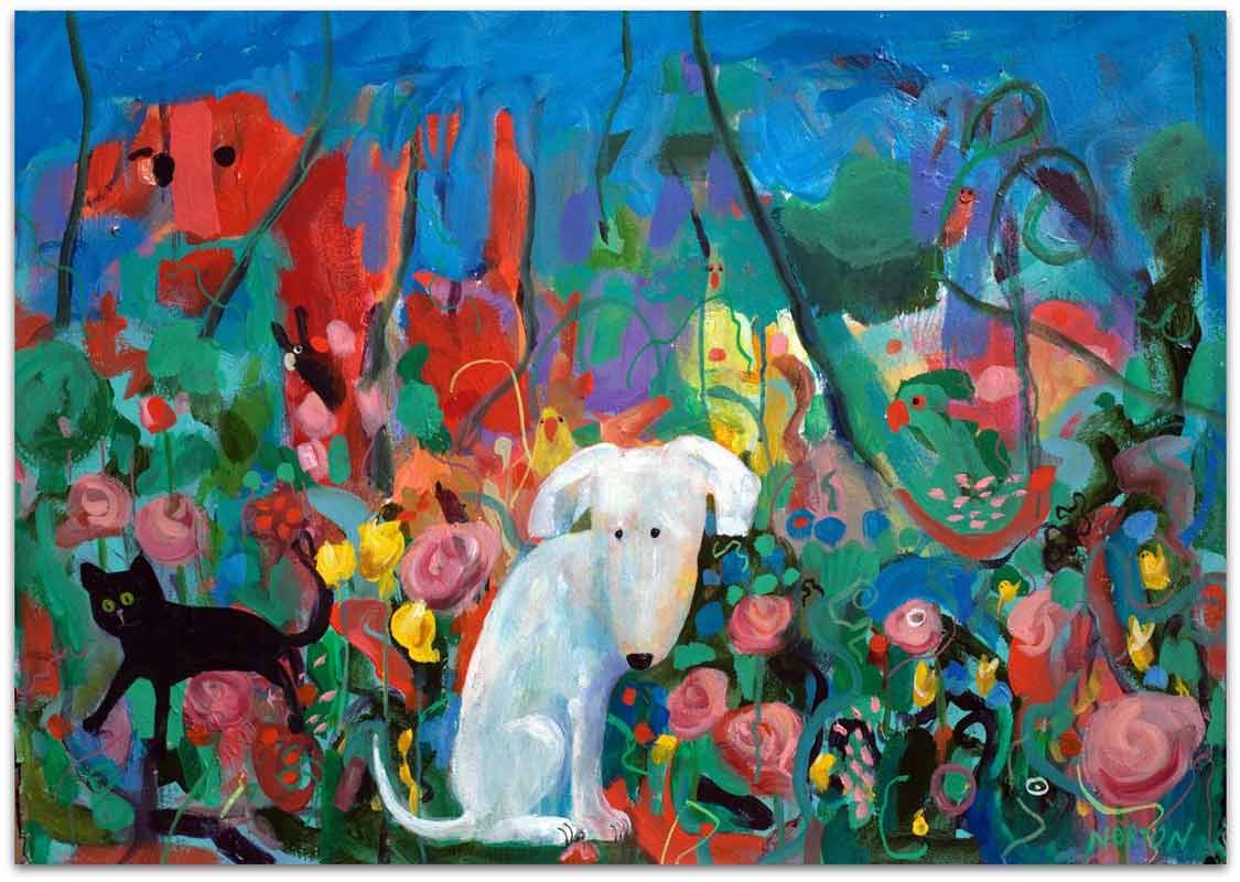 Helen-Norton-White-Dog-Black-Cat-in-Garden-Painting helen norton white dog black cat in garden painting