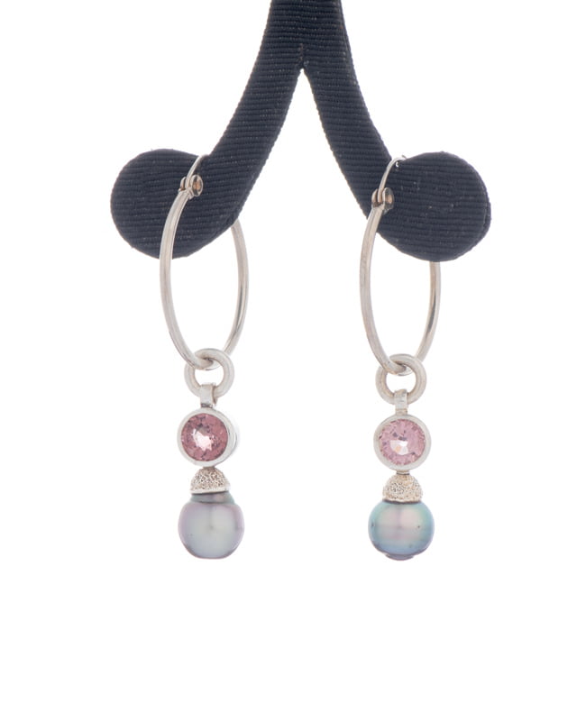 Jane-Liddon-Earings-Hoop-pink-tourmaline-round-pearl-side Jane Liddon - Hoop Pink Tourmaline Mabe Pearl Earings
