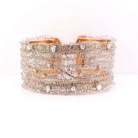 Gemma Baker Pink Diamond And Abrolhos Keishi Pearl Knitted Cuff Bangle