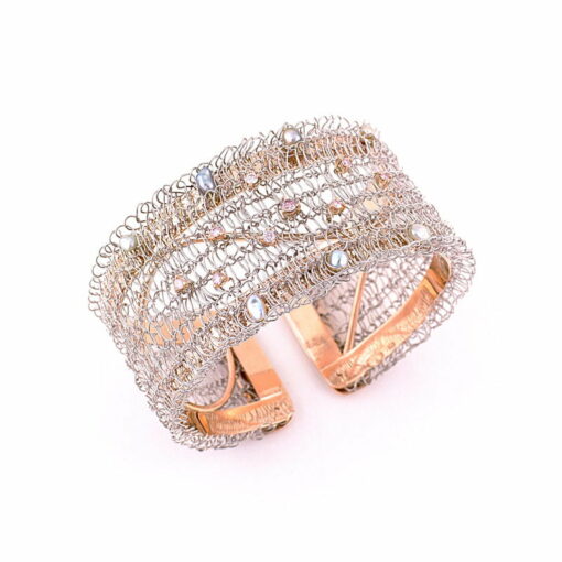 Gemma Baker Pink Diamond And Abrolhos Keishi Pearl Knitted Cuff Bangle Top