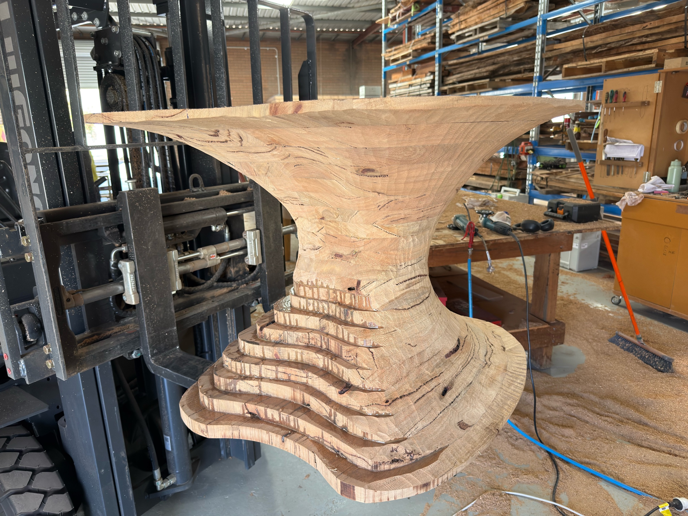Turned timber table base in the JahRoc workshop