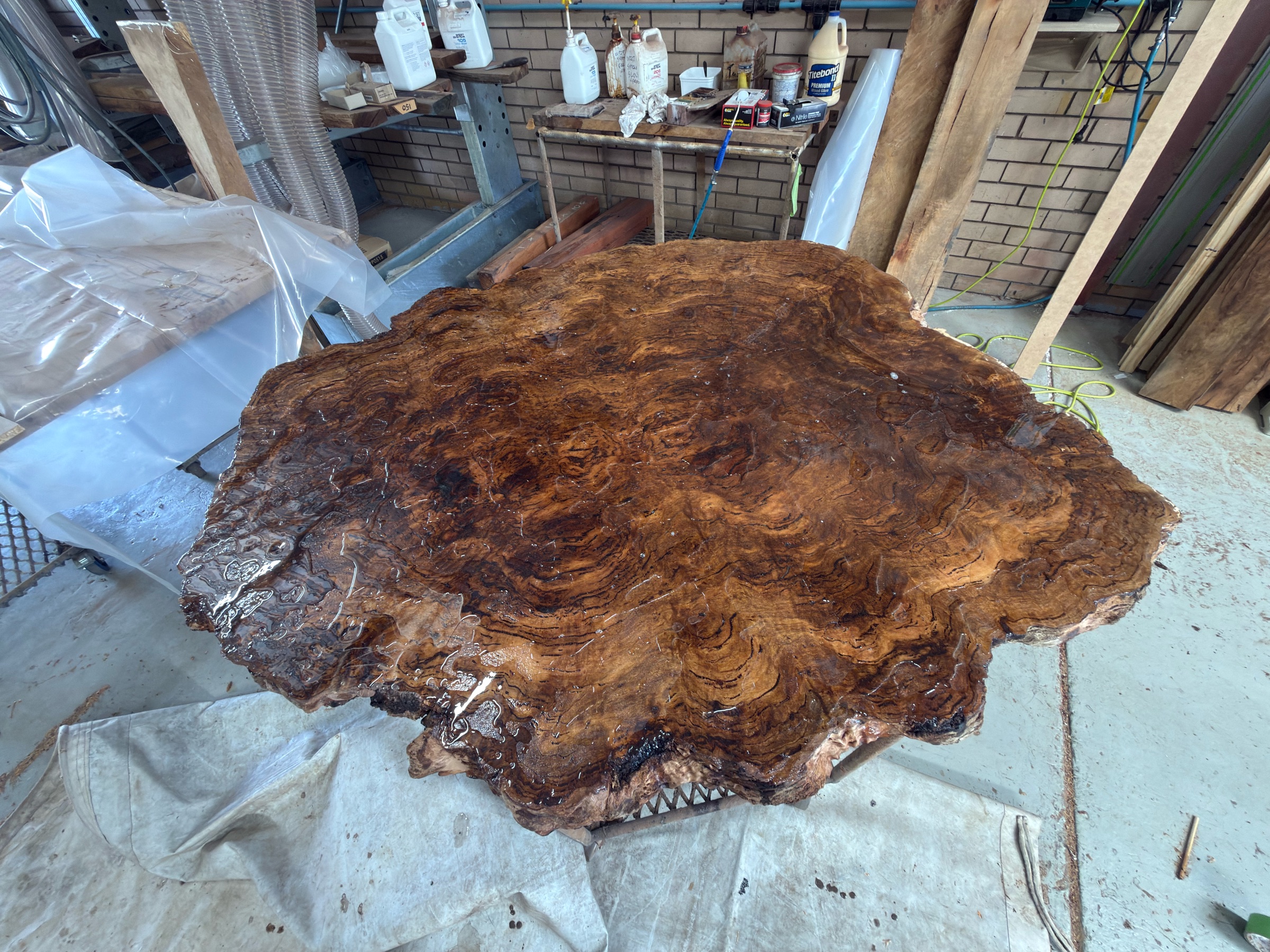 Burl slab tabletop in the JahRoc workshop